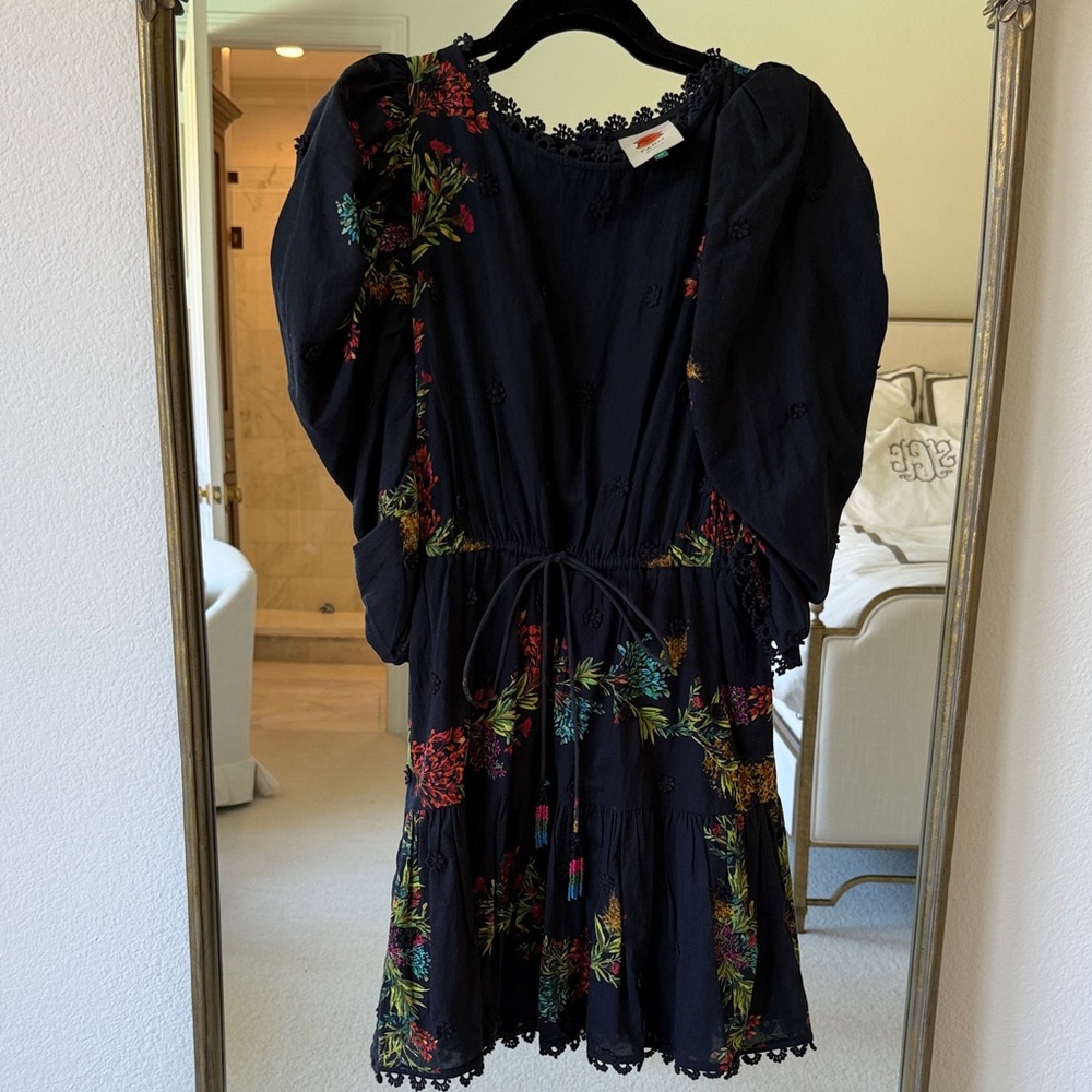 FARM Rio Black Mini Dress with Multicolor Floral Embroidery
